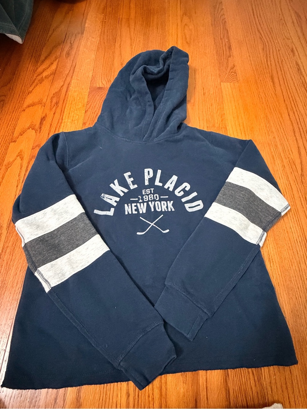 MV Sport Navy Hoodie with Gray Sleeve Stripes